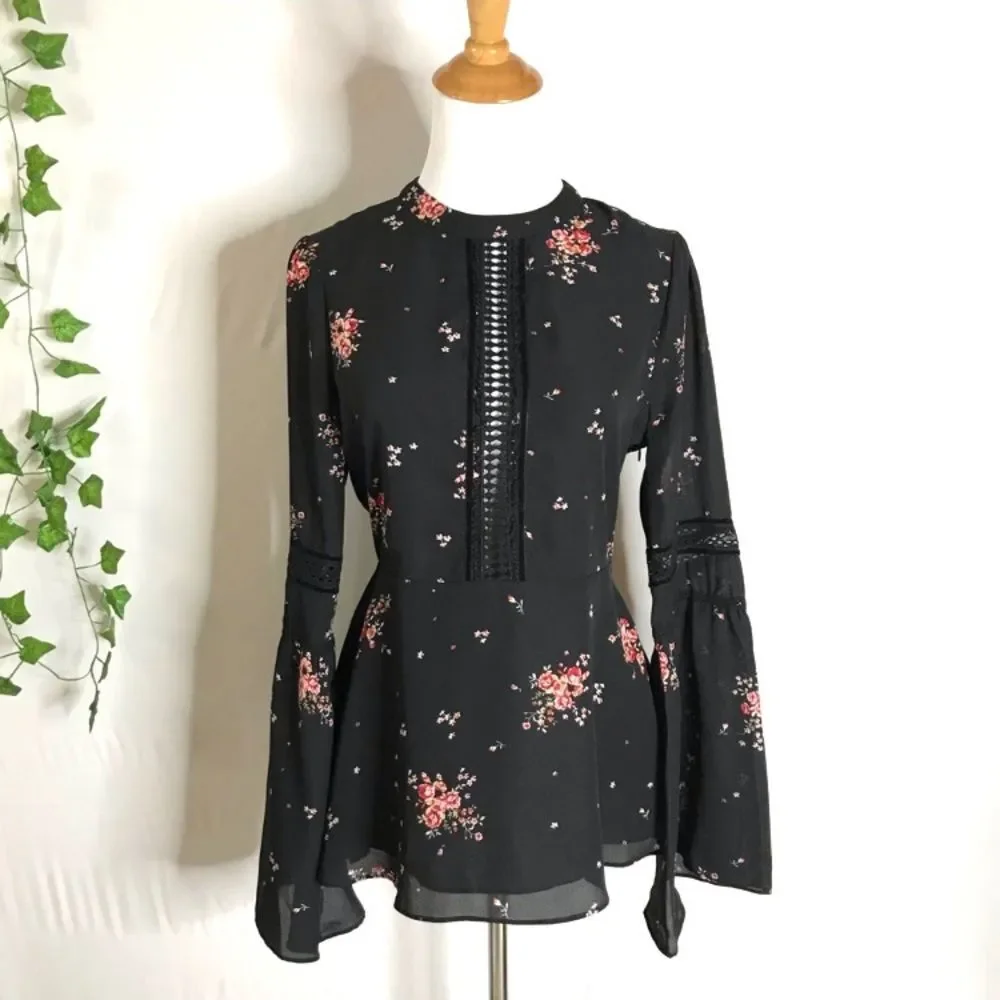 Show Me Your MuMu Lafayette Blouse XS NWT Black Red Cherry Blossom Bell Sleeve